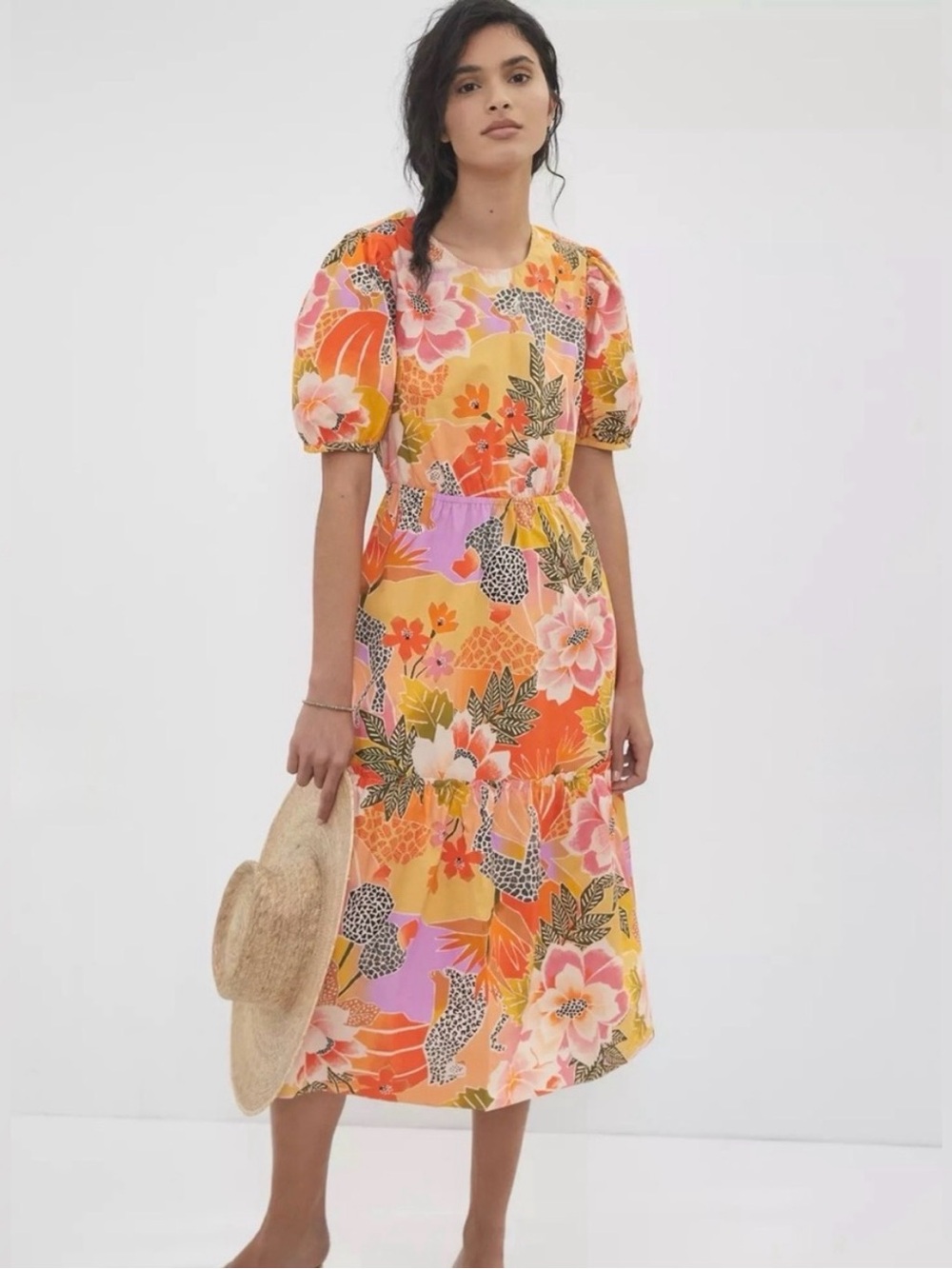 NWT Farm Rio x Anthropologie Orange Mot Tropical Floral Tiered Midi Dress Size M